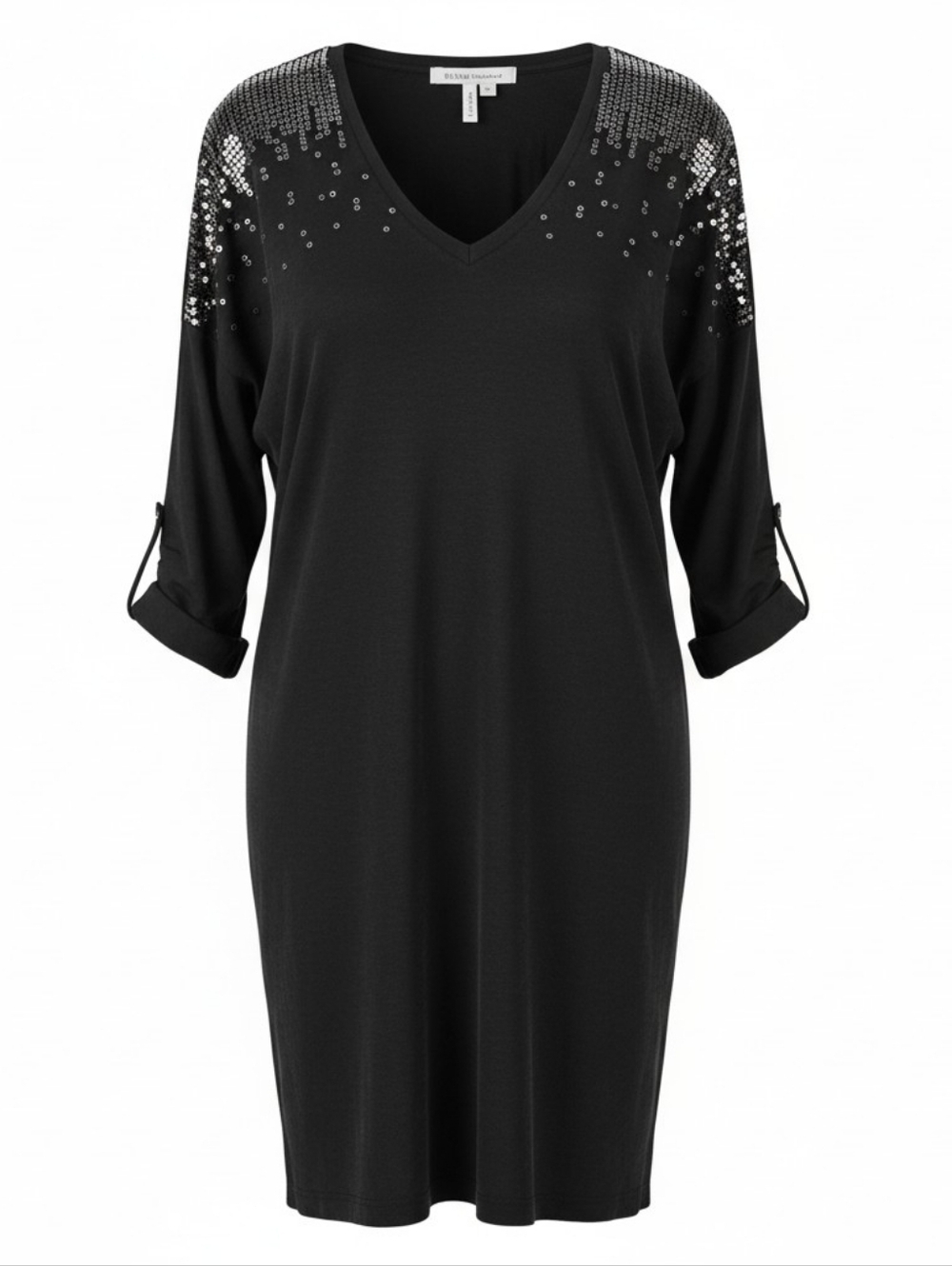 BCBGeneration Dress Size M Sequins Roll Tab Dolman Ruched Sleeve Wide Ribbed Hem